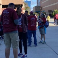 Waiting outside before the start of the walk.